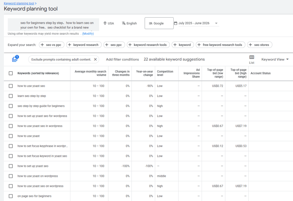 AI keyword research: a screenshot showing AI splitting 30 keywords into three groups of 10, displayed as comma-separated lists for easy copying into Google Keyword Planner