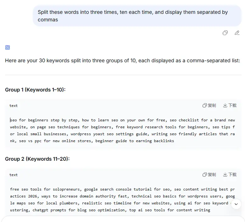 AI keyword research: a screenshot showing AI splitting 30 keywords into three groups of 10, displayed as comma-separated lists for easy copying into Google Keyword Planner