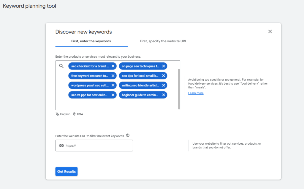 AI keyword research: screenshot of Google Keyword Planner input interface showing keyword input field with 8 keywords pasted, language set to English, location set to United States