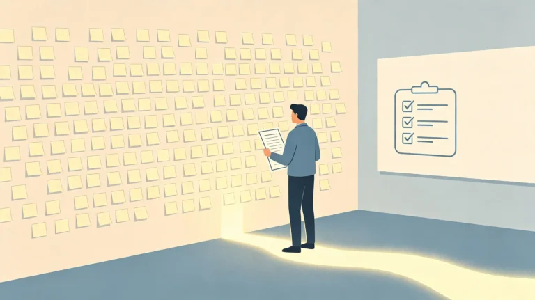 AI keyword research: a person standing in a home office facing a wall covered with colorful sticky notes, holding a roadmap in one hand, with a glowing path leading to a clean organized whiteboard, conveying a transition from keyword chaos to a clear structured plan