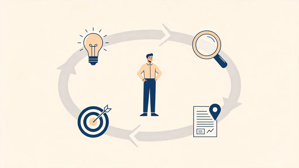 AI keyword research: circular arrow flow with four icons showing lightbulb, magnifying glass, target with checkmark, and document with map pin