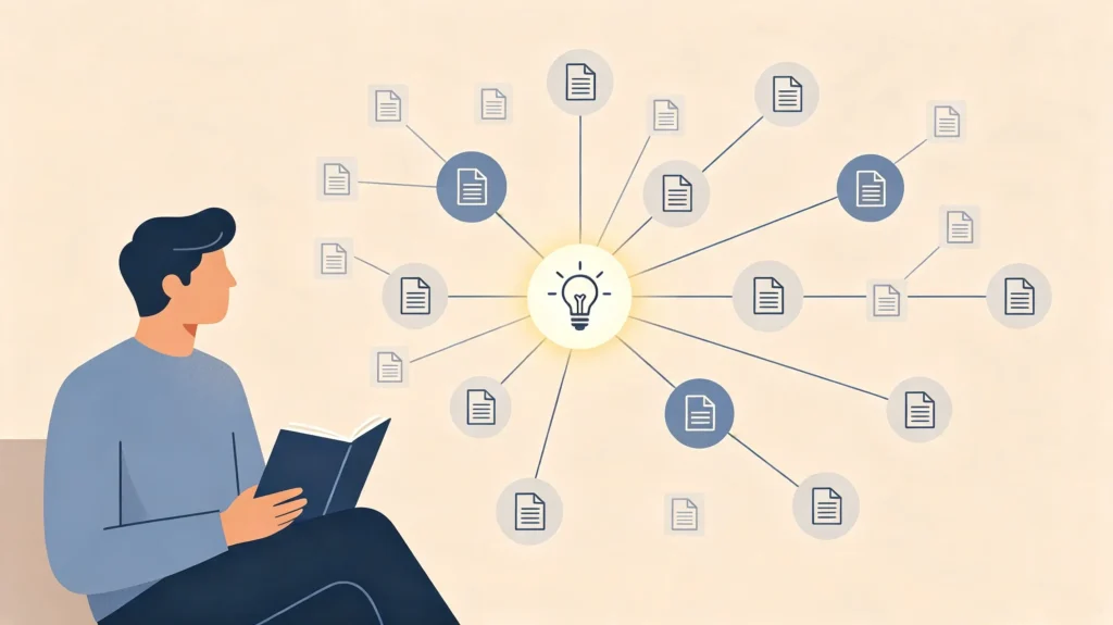 AI keyword research: a glowing lightbulb node with lines spreading to smaller document nodes, a person sitting beside writing in a notebook