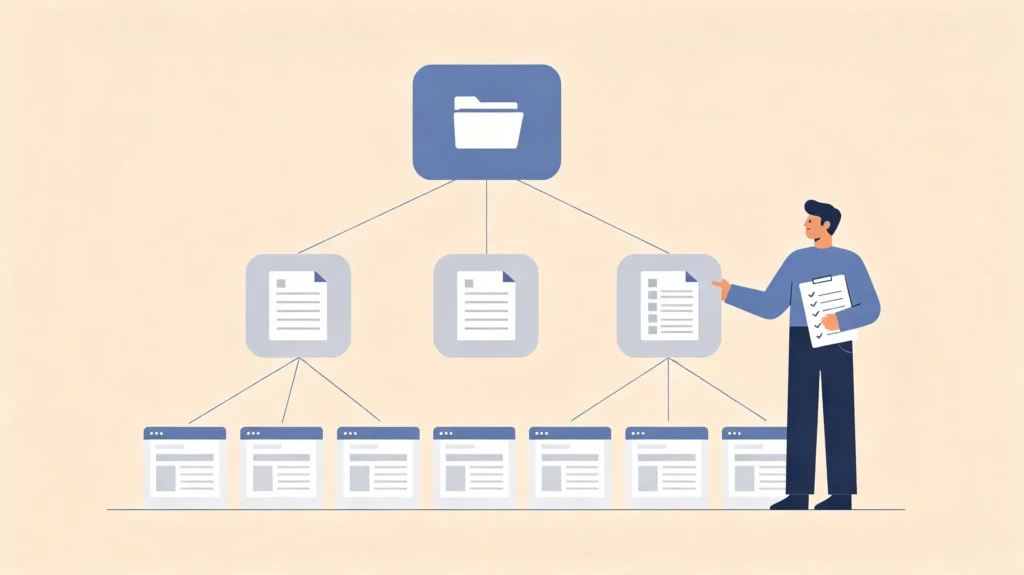 AI keyword research: pyramid website structure with folder icon at top, document icons in middle, page icons at bottom, person placing a node