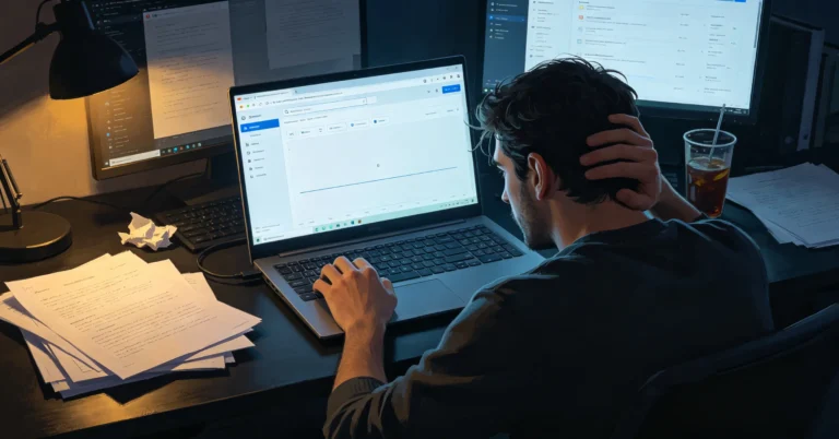 Frustrated blogger staring at Google Search Console showing zero impressions after publishing AI-generated content