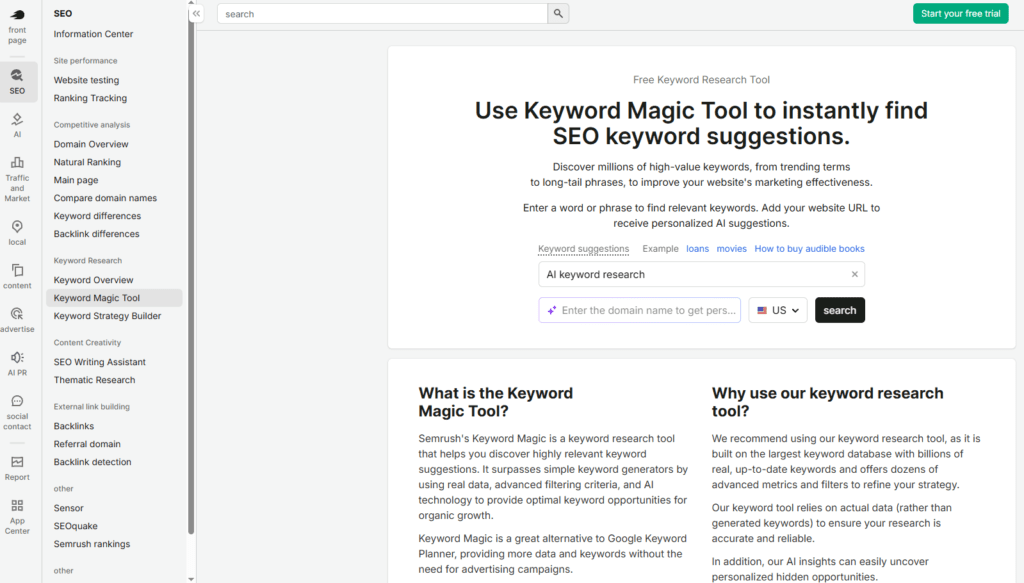 AI keyword research: screenshot of Semrush Keyword Magic Tool interface showing the search input field with the headline Free Keyword Research Tool, featuring real data and AI-powered keyword suggestions