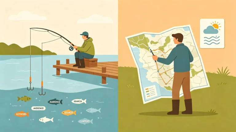 What is keyword research analogy: a person fishing with bait, comparing keywords to bait and keyword research to scouting for fish