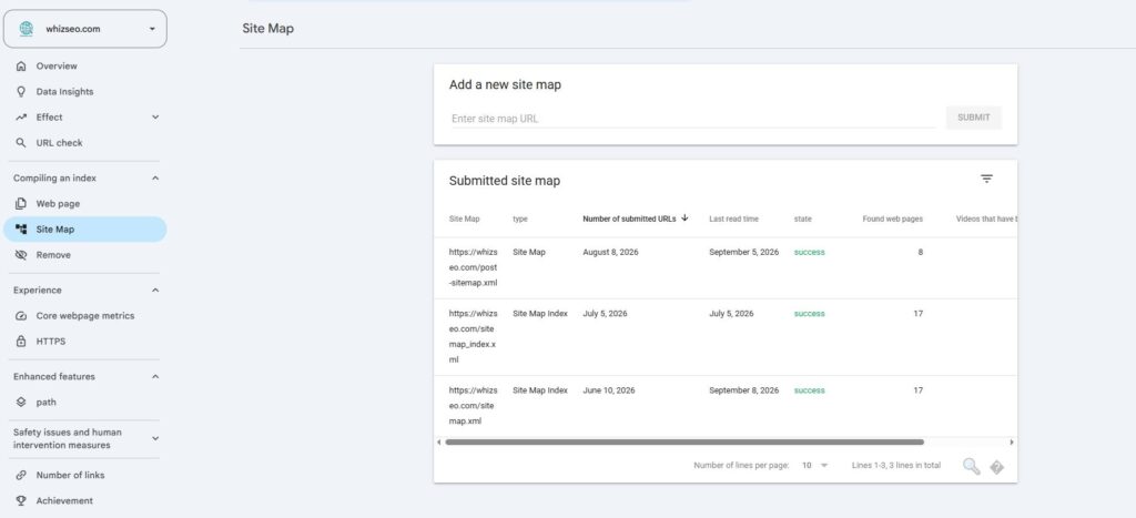 WordPress SEO checklist: GSC Sitemap submission page showing submitted sitemap and status