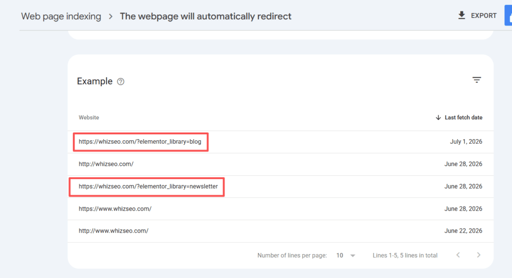 WordPress SEO checklist: GSC unindexed pages list showing Elementor template pages and duplicate URL versions with redirect issues