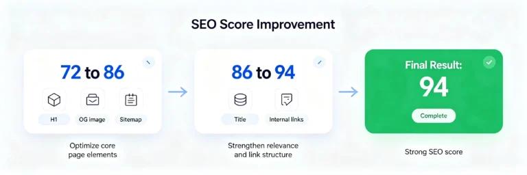 How to improve SEO score on WordPress: visual journey from 72 to 94 through technical fixes including H1, OG image, titles, and internal links
