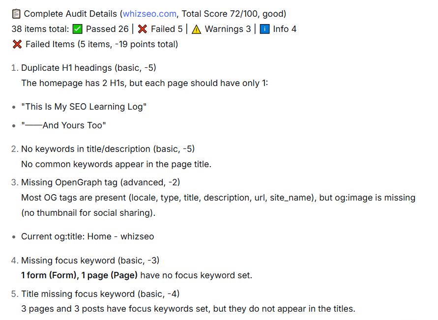 How to improve SEO score on WordPress: Rank Math audit showing 72 score with 5 failed items including duplicate H1 and missing OG image