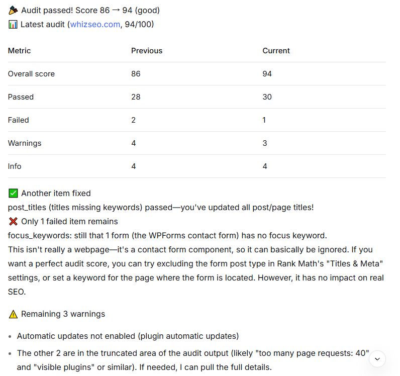 How to improve SEO score on WordPress: Rank Math audit showing final 94 score with 30 passed checks and 1 failed item