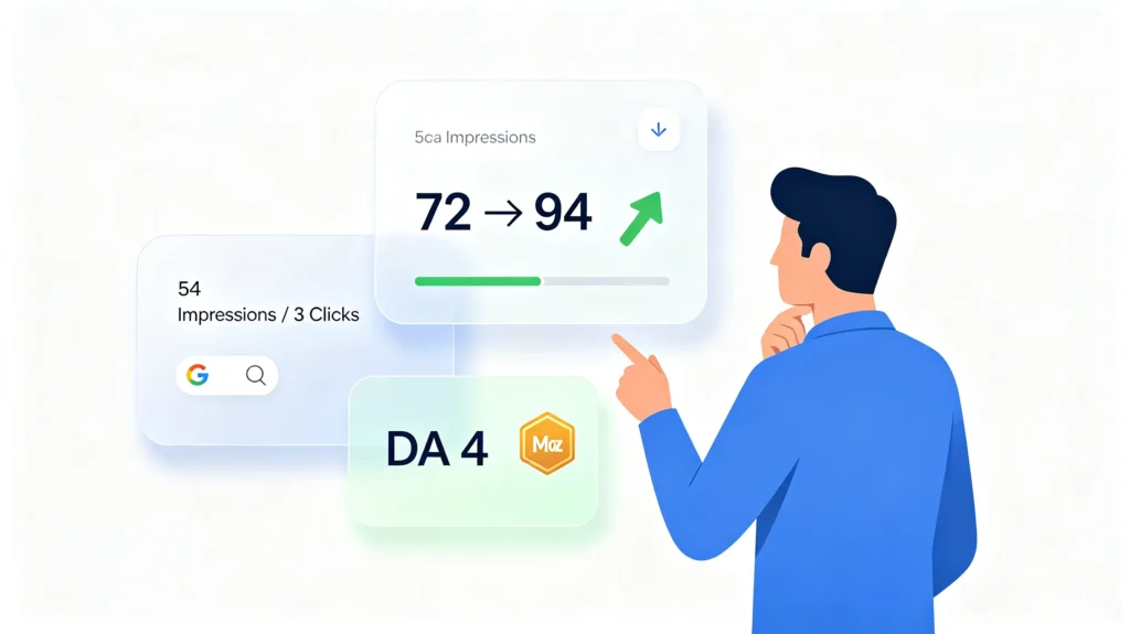 How to improve SEO score on WordPress: person analyzing three data sets including Rank Math score, Google Search Console data, and Domain Authority