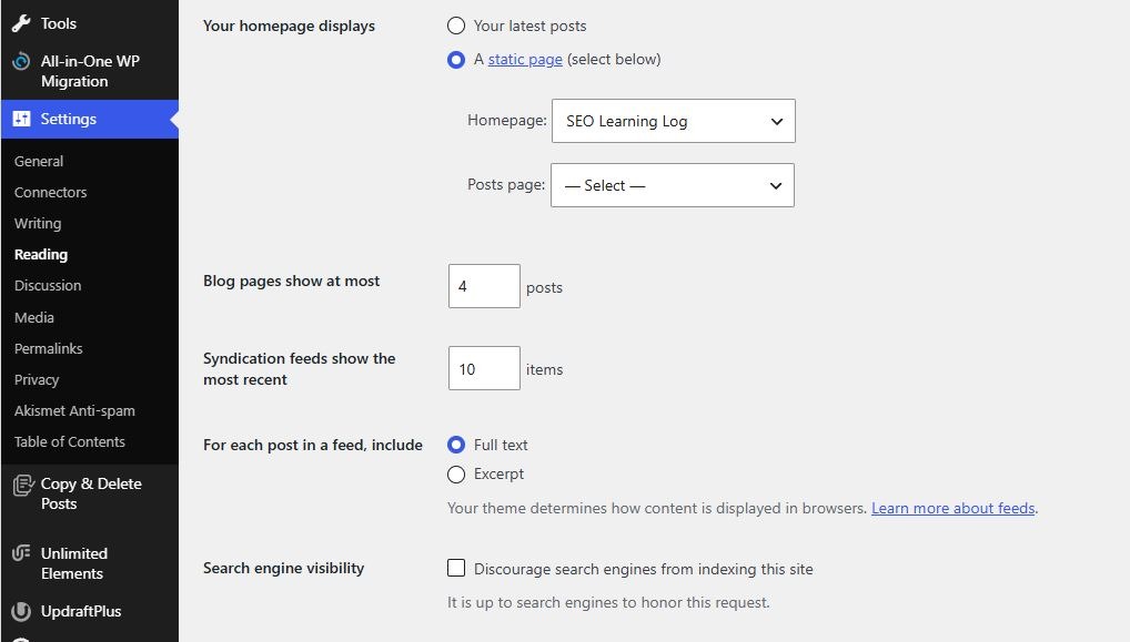 WordPress SEO checklist: Discourage search engines from indexing this site checkbox in Settings > Reading