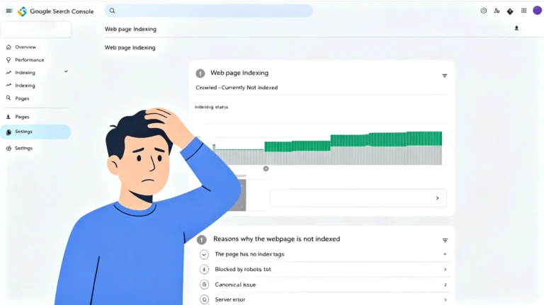 WordPress SEO checklist: person looking at Google Search Console showing Crawled - Currently Not Indexed status on a website dashboard